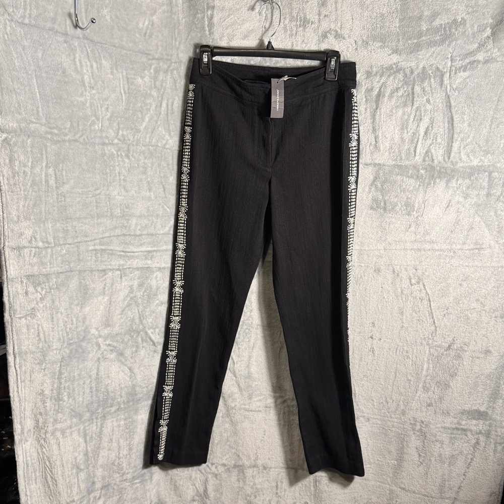 Josie Natori pants NWT women size 4 Black Trousers with white embroidered trim